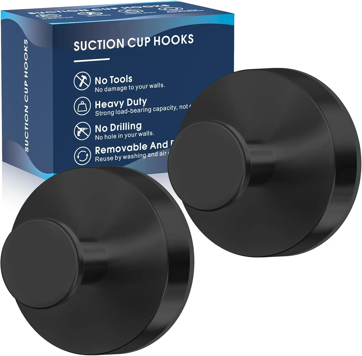 Ganchos de Succión Removibles para Ducha, Baño, Cocina - Colga Toallas, Esponjas en Vidrio, Espejo, Azulejos (Paquete de 2, Negro)