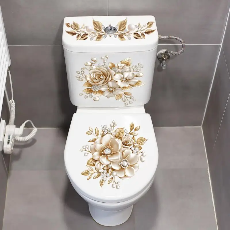 Luxury Gold Pearl Floral Wall Stickers Self-Adhesive Waterproof Bathroom Decorative Toilet Home Decoration Gold Pearl Floral