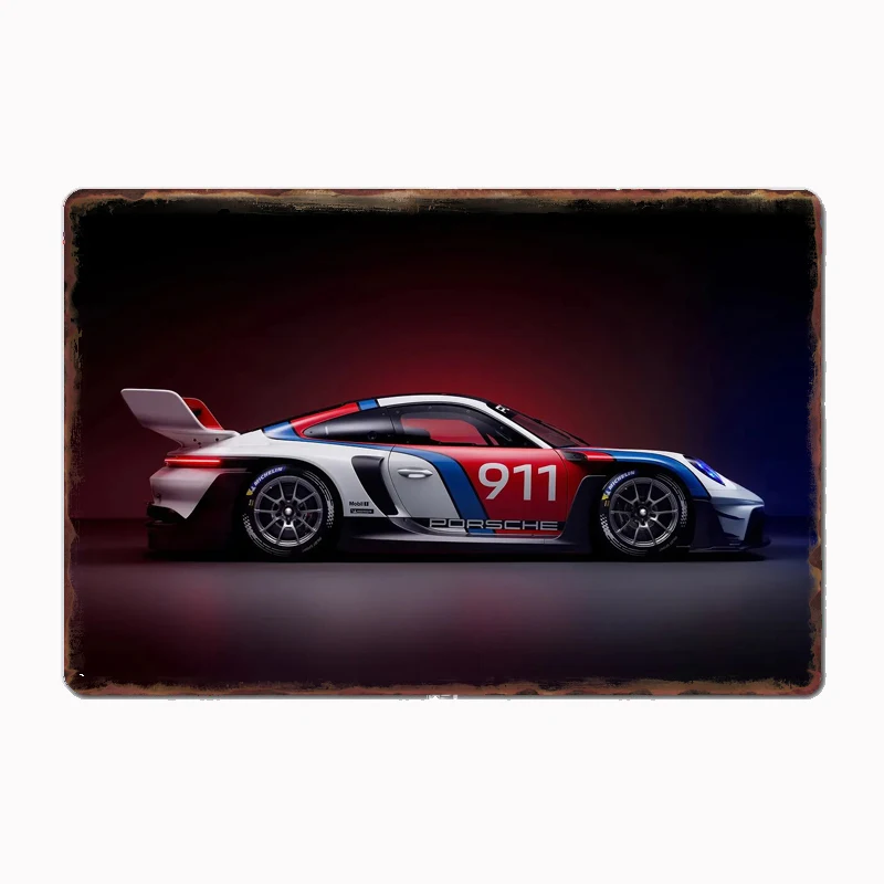 

White 0911 Rain Racer Race Car Metal Poster Sign Club Custom Indoor Wall Tin Sign Room Decor Home Decor