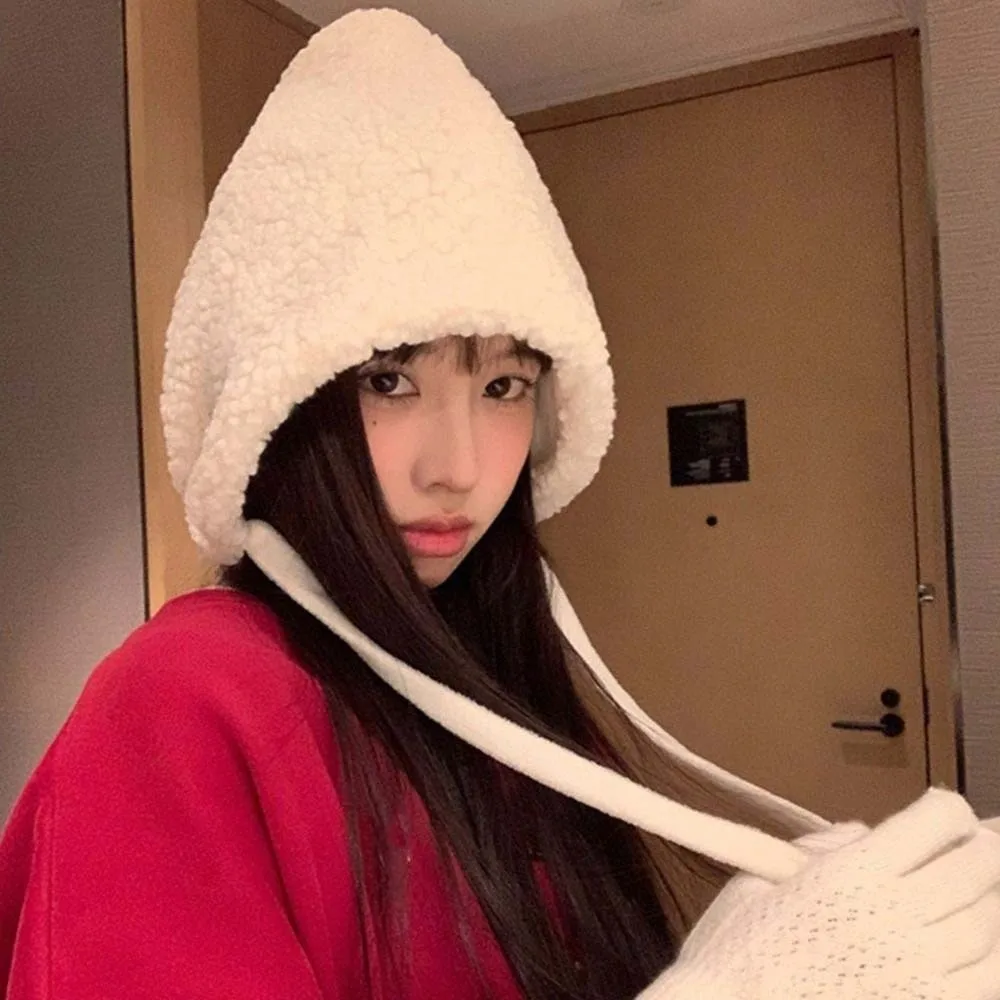 

Cute Fluffy New Year Red Hat Beanie Anti-cold Lambswool Cap Windproof Solid Color Ear Protection Hat Winter