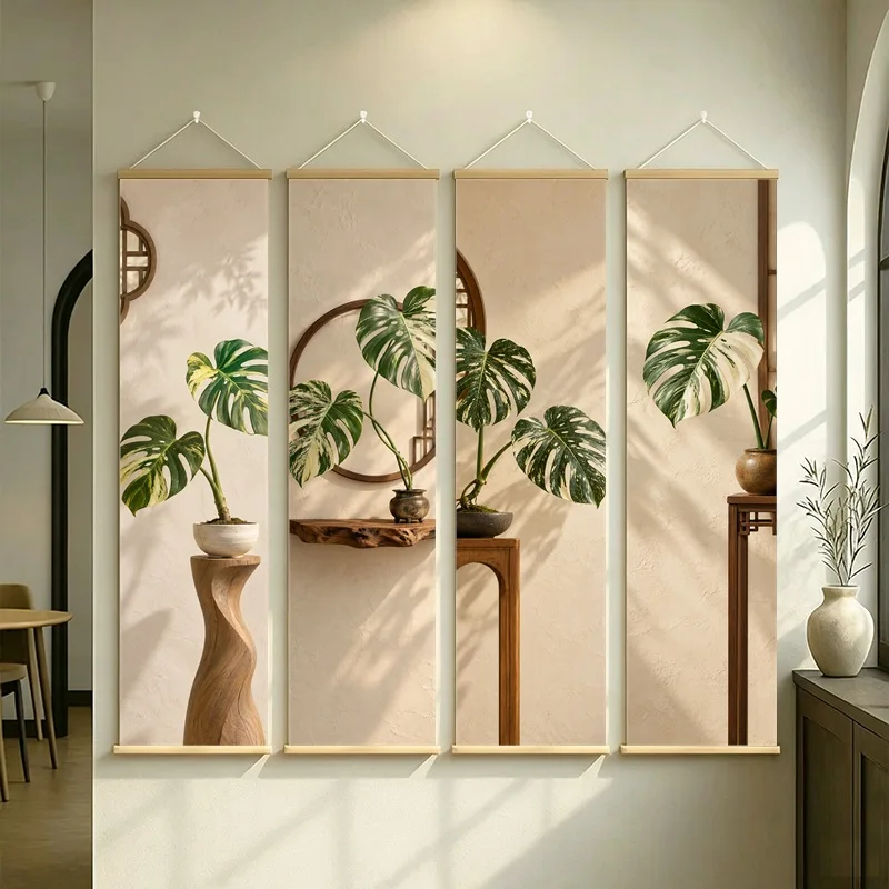 Wall Decor Albo Monstera and Mint Monstera, Wabi-Sabi Silver Shimmer Canvas Hanging Scroll for Meditation Room Home Decor