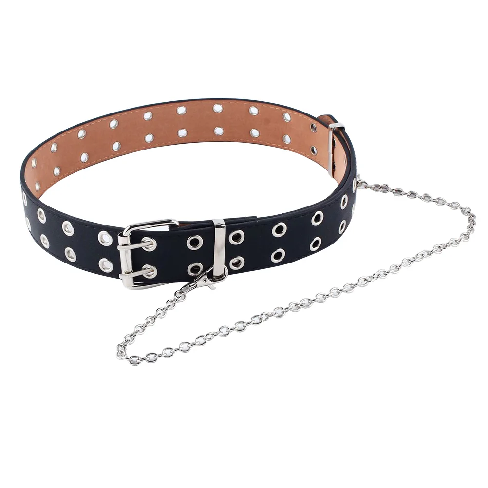 

1pc Punk Style Women Waist For Jeans Vintage Chain Design (Two Belt Punk Style Belt For Pants Rows Holes, Black)