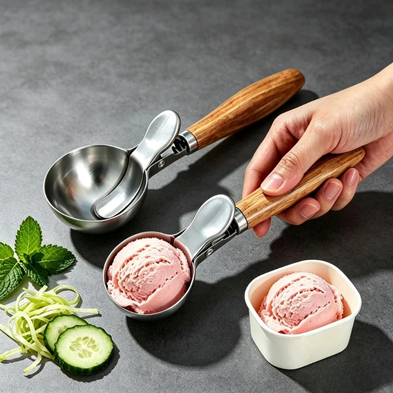 Ice Cream Scoop With Wood Handle Trigger Release Fruit Baller Spoon For Home Dessert Making Easy‑Grip Popsicle Spoon