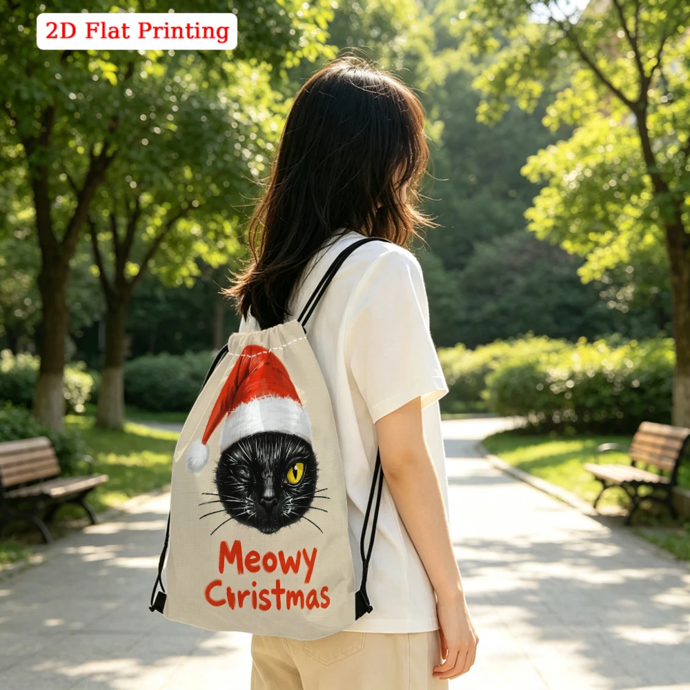 Cute Cartoon Style, Drawstring Backpack, Meowy Christmas Cat Pattern, Fitness Sports Bag, Outdoor Travel Drawstring Bag
