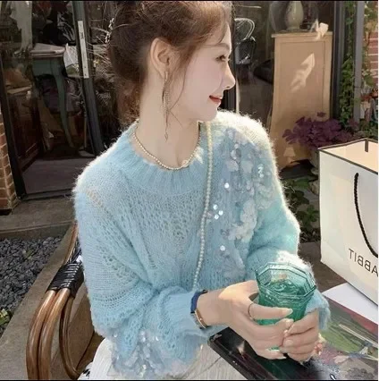 Women Clothing 2022 Spring Autumn Pink Sequin Sweater Woman Design Sense Gentle Hollow Knit Simple Casual Oversized Sweater