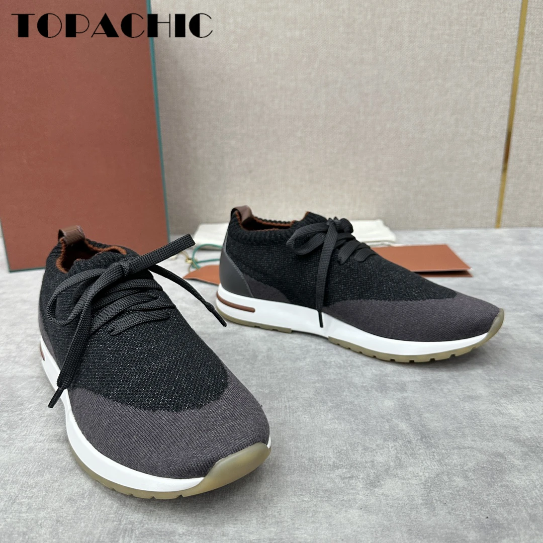 12.5 TOPACHIC Men\'s Knitted Breathable Comfortable Casual Shoes Lace-Up Solid Color Flat Sneakers Walking Shoes