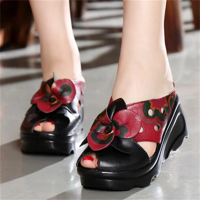 High End New 100% Natural Full Genuine Leather Slippers Women Fashion Sandals Comfortable Elegant Wedge Sandals Casual Slipper