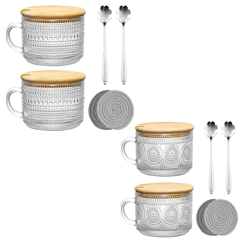 Vintage Coffee Glass Mugs Set Of 2, Glass Coffee Tea Cups With Bamboo Lids, Coaster And Spoons,15Oz Clear Embossed