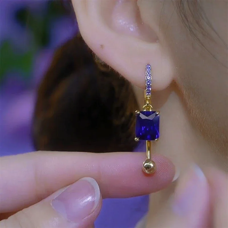 New Unique Purple Square Crystal Pendant Earrings for Women Fashionable Exquisite Elegant Temperament Girls Party Jewelry Gift