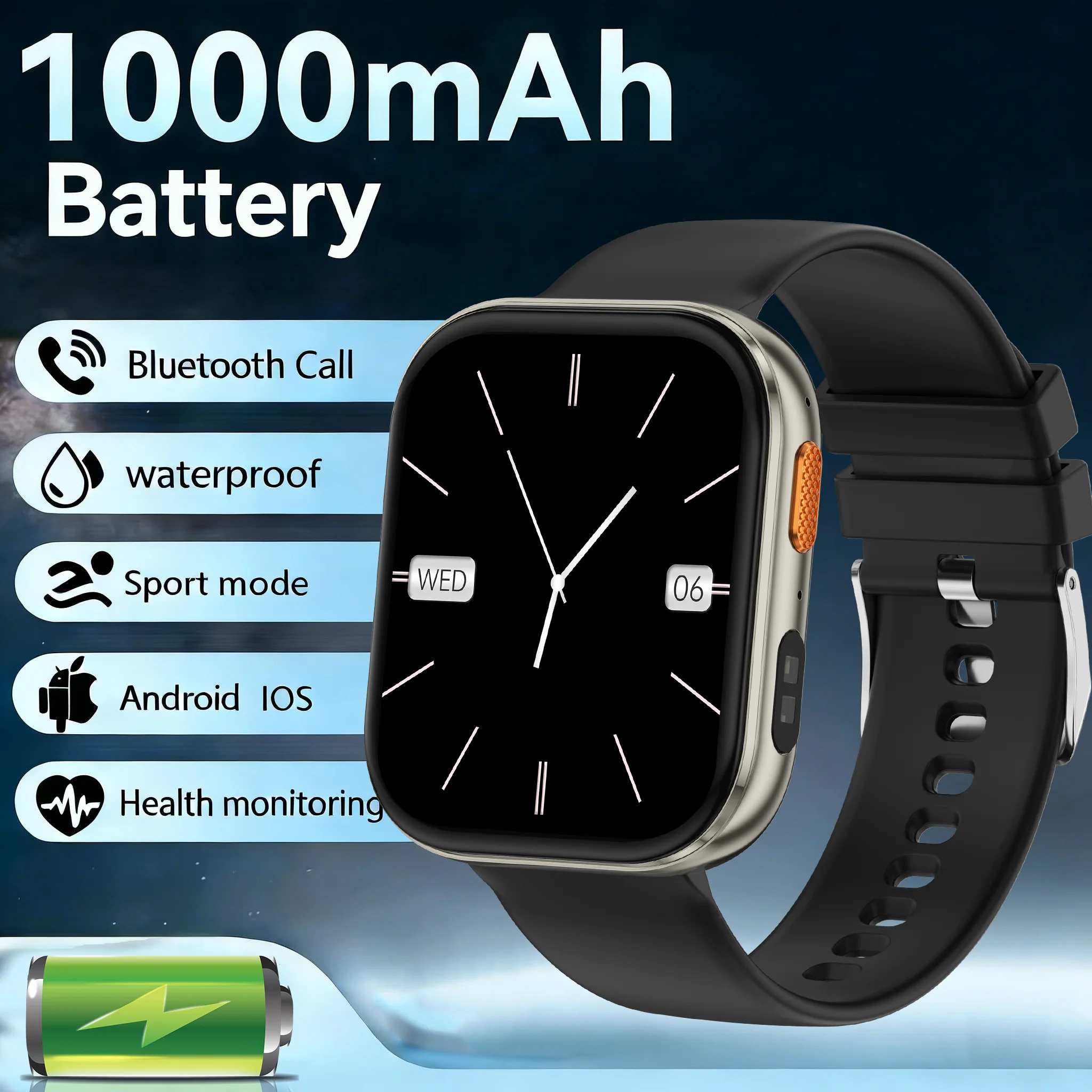 

Смарт-часы для взрослых мужчин 2026 с аккумулятором 1000 мАч, большим HD-экраном 2,04 дюйма, Bluetooth-звонками, водонепроницаемостью IP68, для спорта