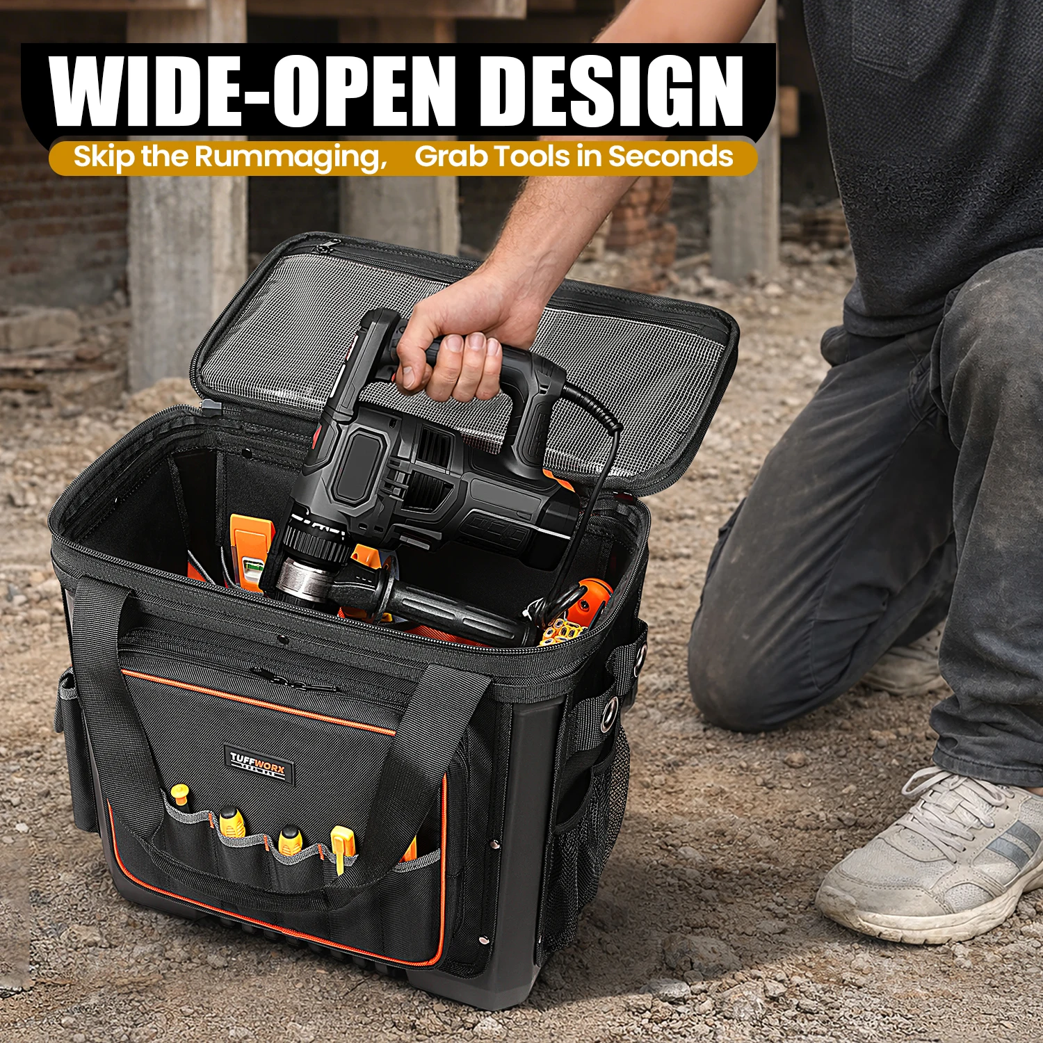 Rolling Tool Bag with Wheels - Heavy Duty Hard Bottom Tool Trolley, Rugged Jobsite Organizer with Telescopic Handle