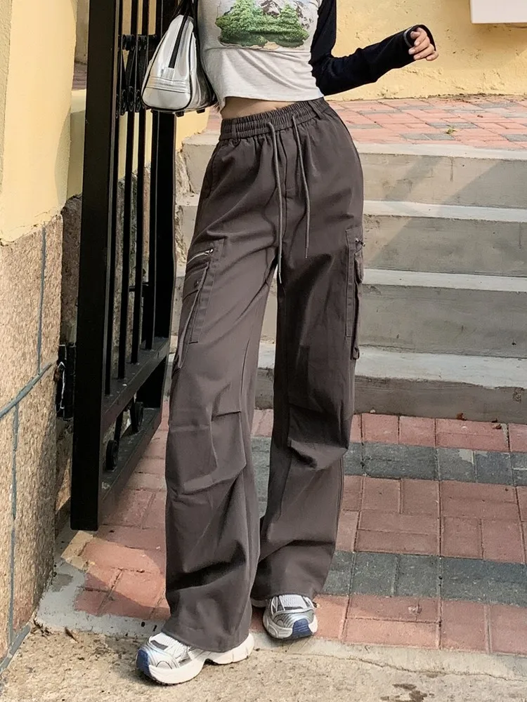 

New Casual Side Pocket Zipper Flods Women Cargo Pants American Style Y2k Streetwear Drawstring Black Trousers Loose Baggy Pants