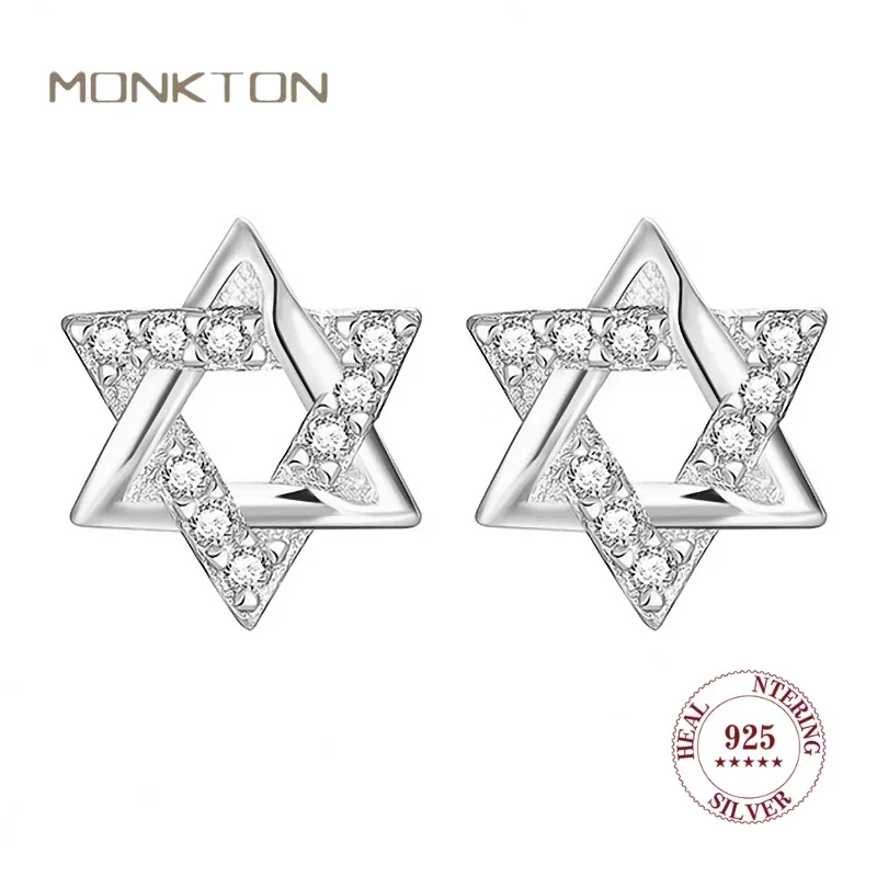 Monkton 100% 925 Sterling Silver Star of David Earrings for Women Hexagrams Minimalist Small Studs Daily Simple Fashion Jewelry
