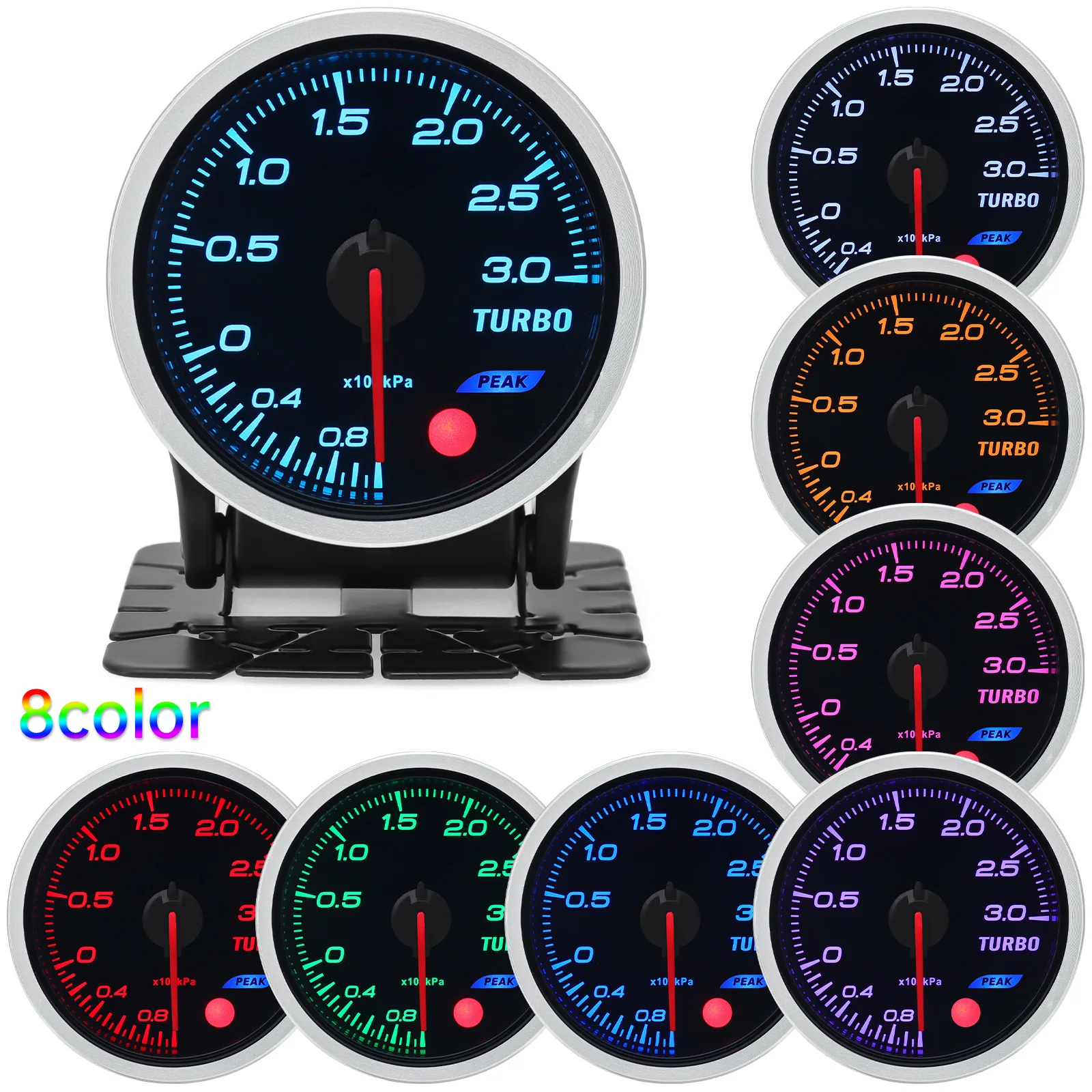 H 8 Colors Backight 52mm Boost Gauge BAR PSI Tacometro Turbo Pressure Gauge Manometre Pression Turbo Fuel Oil Press Oil Temp 12V