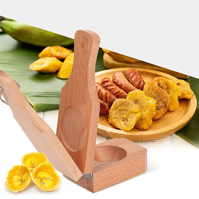 CMHI-Wooden Tostonera Plantain Press With Handle,2 In 1 Wood Reusable Plantain Press Smasher,Portable Plantain Press