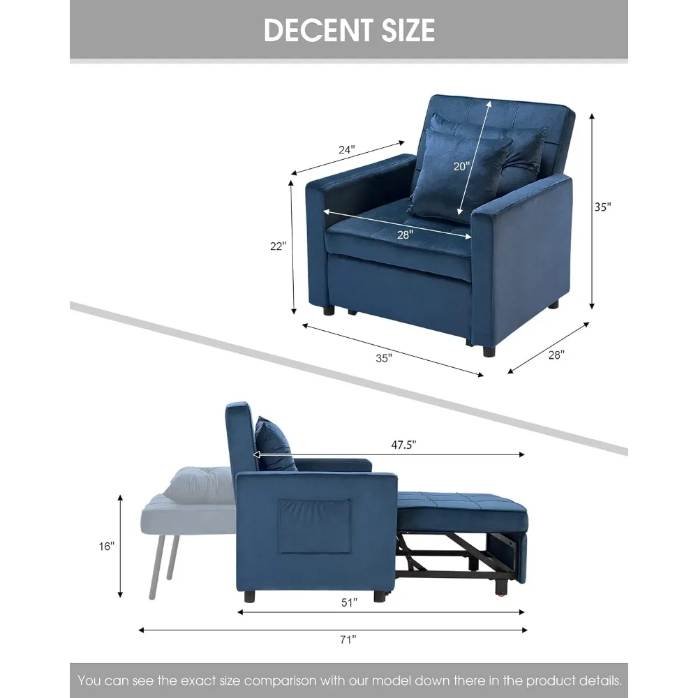 Convertible Sleeper Chair Bed 3 in 1, Adjustable Recliner,Armchair, Sofa, Bed, Flannel, Dark Blue, Single One