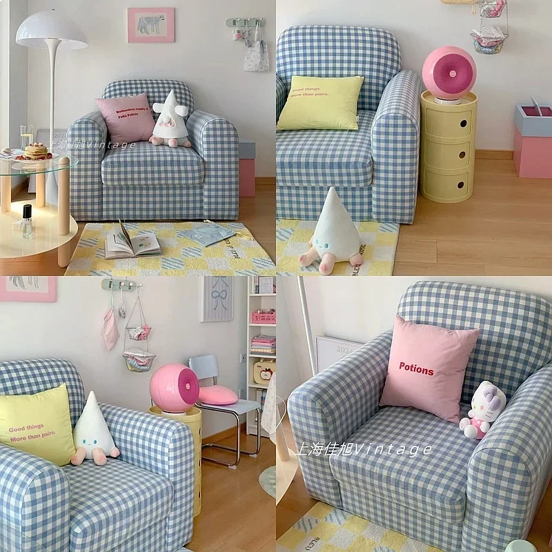 BJ TWOI Style Cream Blue White Plaid Soft Square Pouf Single French Country Couch