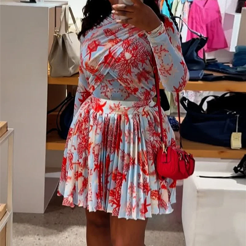 

Women's Slim Fit Printed Long Sleeved Top And Pleated Skirt Set Summer 2026 New Design Fashionable Two-Piece Outfit