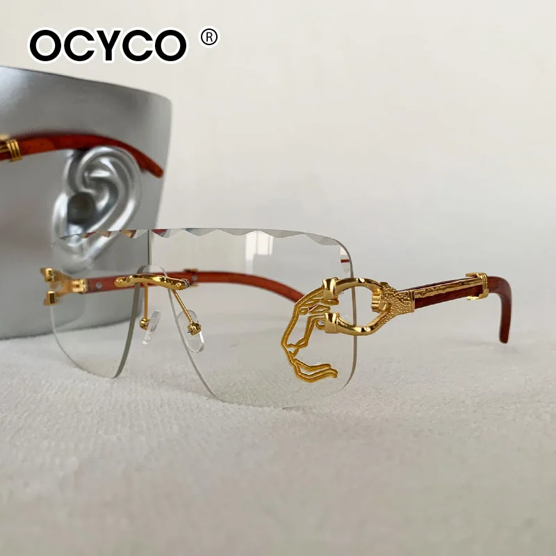 OCYCO 2026 Einteilige Modische Randlose Sonnenbrille für Damen und Herren mit Geparden-Dekoration Rechteckige Marken-Designer-Sonnenbrille