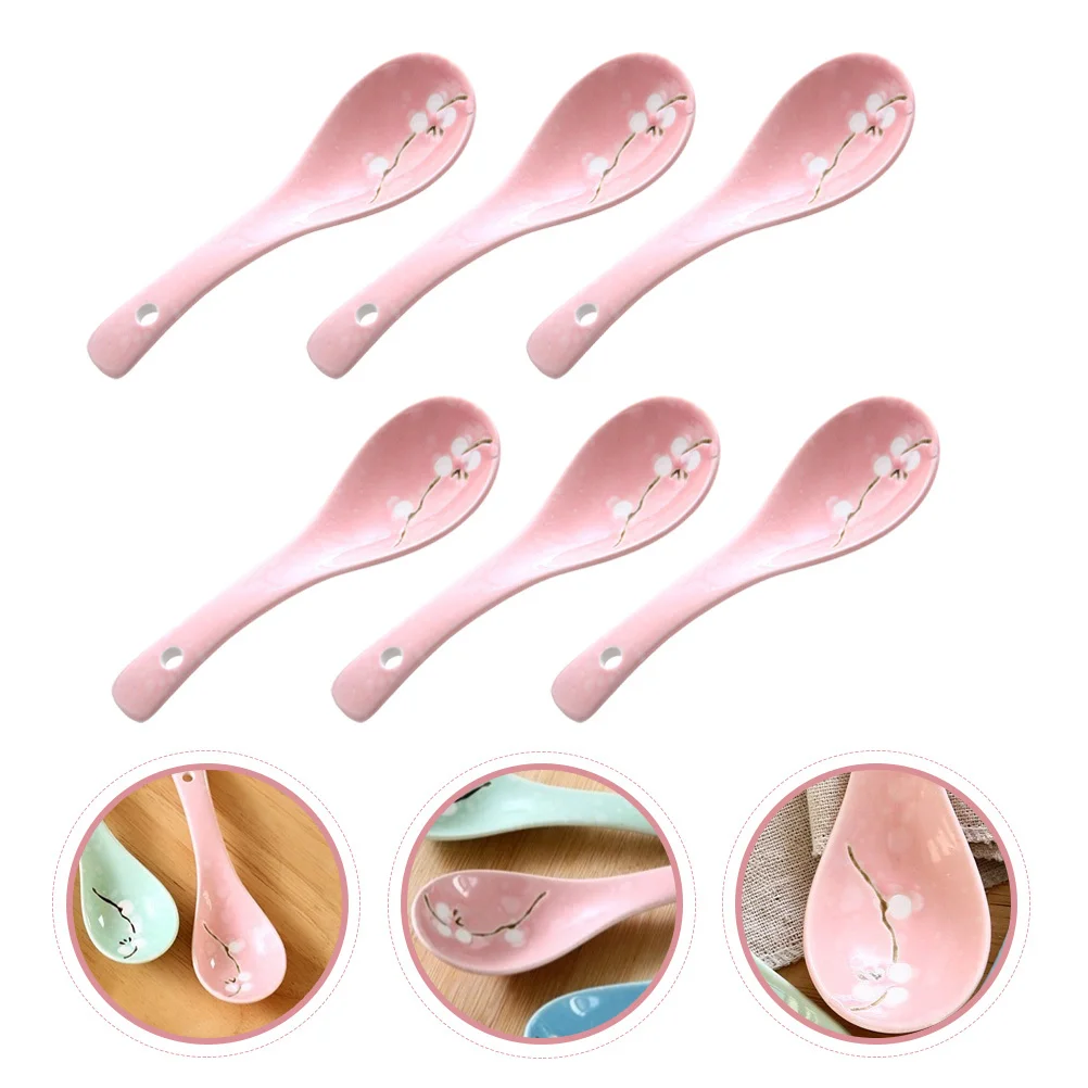 

6Pcs Ceramic Porridge Spoons Japanese Style Exquisite Kitchen Accessories Retro Look Portable Tableware Dessert Soup Rice