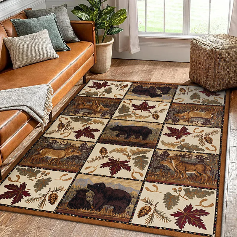 Buffalo Bear Rustic Rug Large Area Non-Slip Carpet Bear Elk Deer Wildlife Carpet Living Room Entrance Door Mats Indoor Foot Mat