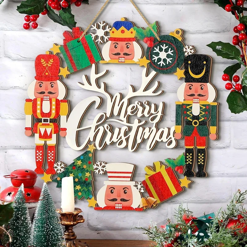 Nutcracker Christmas Wreath Sign - Rustic Wooden Door Hanger for Front Door Wall & Outdoor Yard Decor - Merry Xmas Decoration