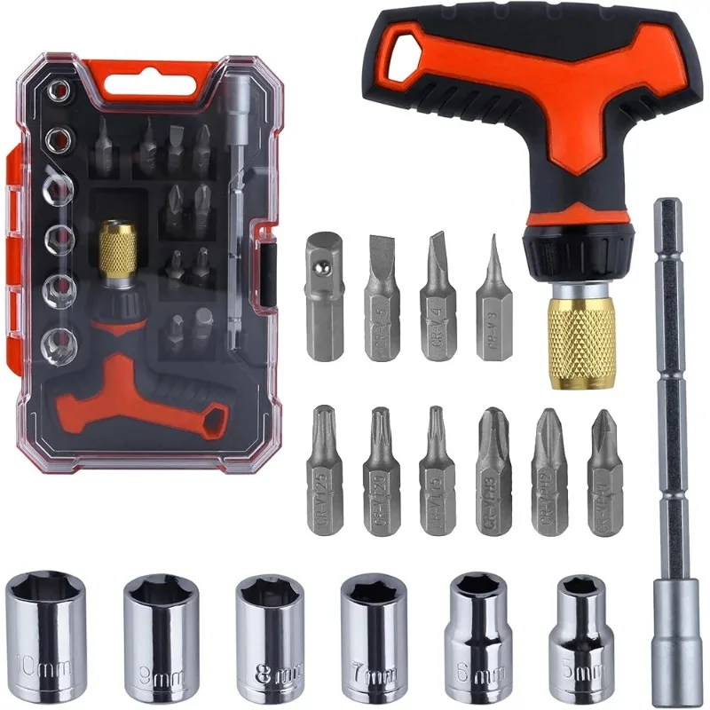 BIESUO 18 in 1 Magnetic T-Handle Ratchet Wrench Screwdriver Socket Nut Set Motorcycle Ratchet Spanner Bicycle Mechanic Tool Kits