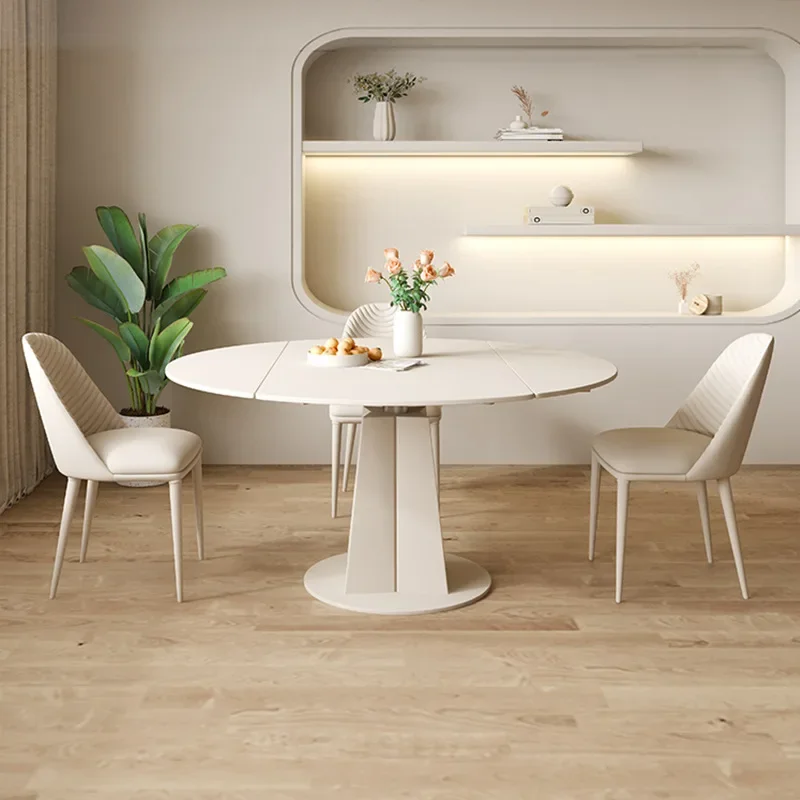 Cream wind, rock slab round table, multi-functional, variable, square table, dual-purpose, rotating and retractable household