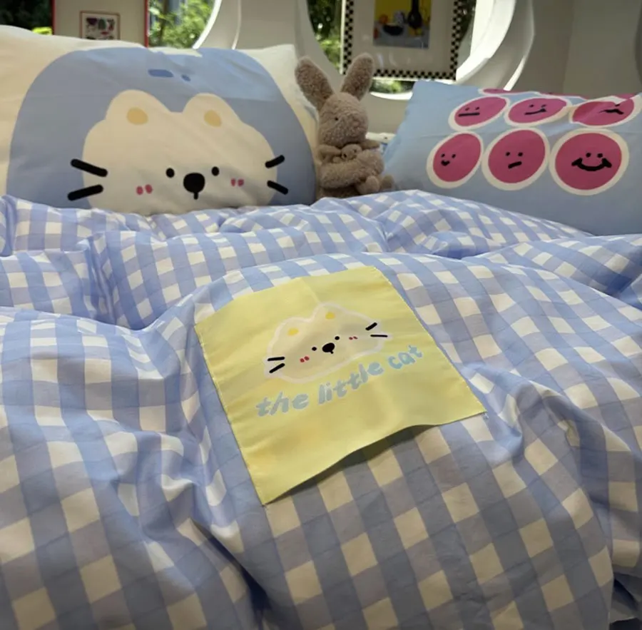 Cute cartoon cat blue checked yellow bedding set,twin full queen kitten cotton home textile bed sheet pillow case quilt cover