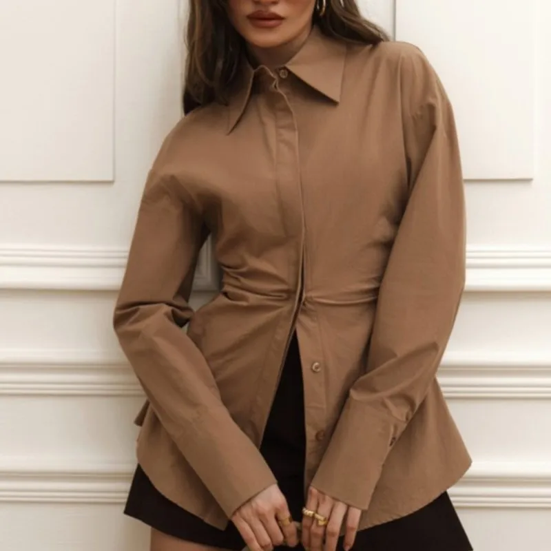 

New Women's Waist Cinching Shirt Cotton Slim Fit Shirt Office Lady Long Sleeved Casual Work Shirt Spring Fall Office Shirts