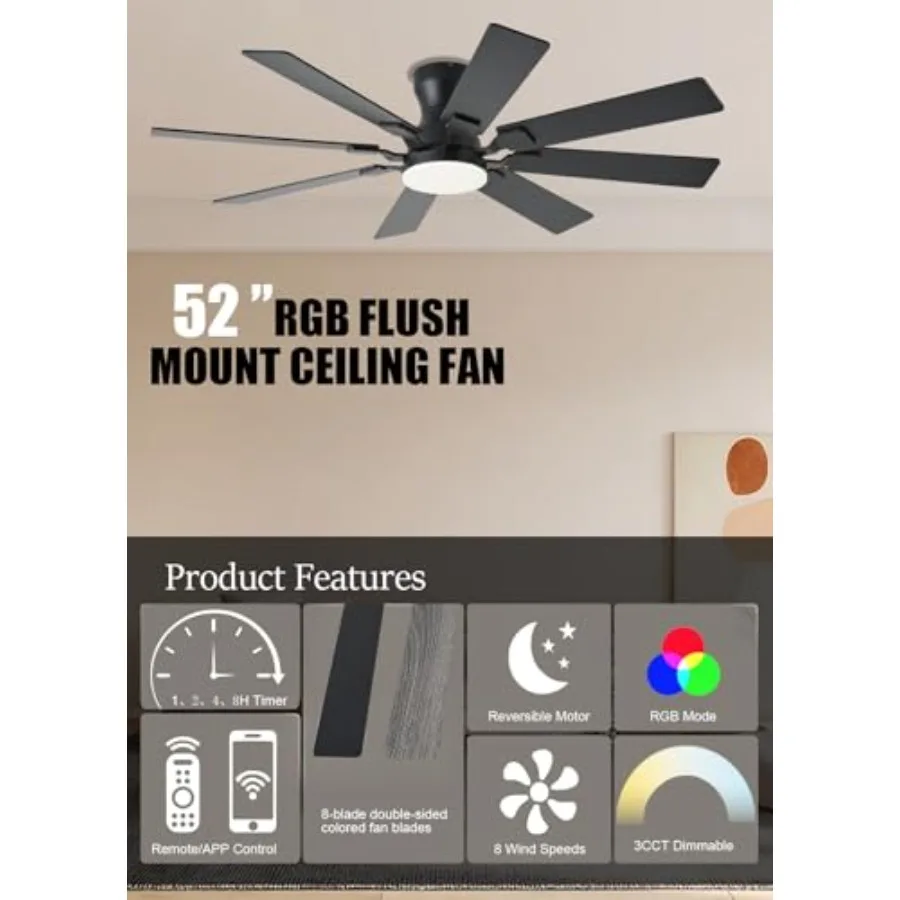 52 inch ceiling fan with light for indoor use, black ABS blades and metal body, 3 color temp + dimmable RGB light, quiet flush