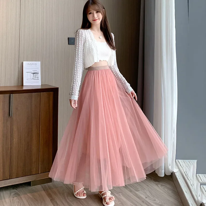 

2025 New Summer Skirt Women Korean Fashion Elegant Elastic High Waist Tulle Midi Skirts Y2K Female Chic Mesh Pleated Skirts