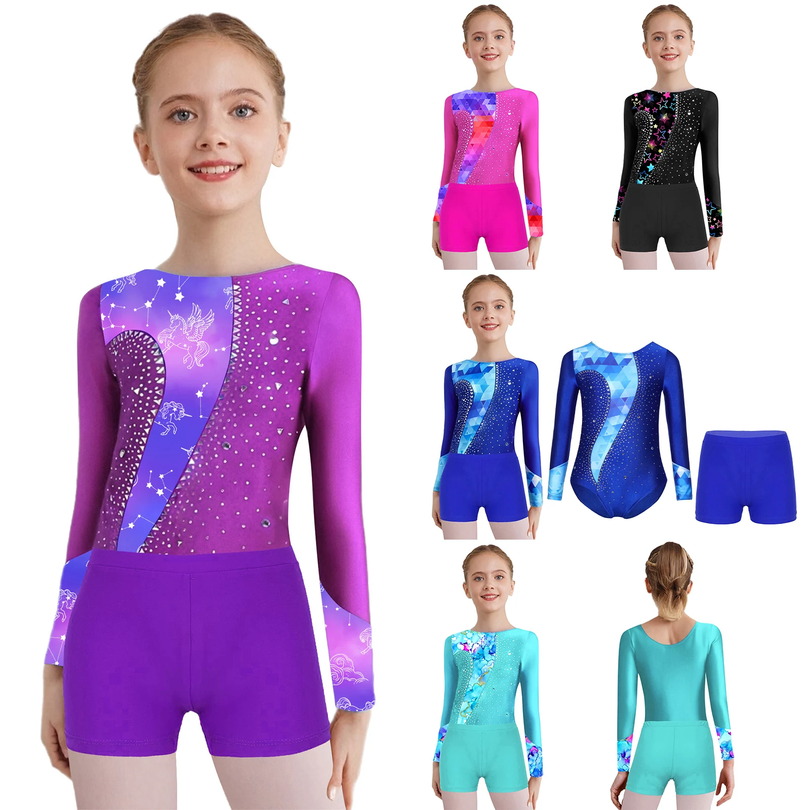 أطفال بنات الباليه الرقص الجمباز يوتار لامعة حجر الراين بذلة مع السراويل الشكل التزلج البهلوانية أداء Dancewear #5