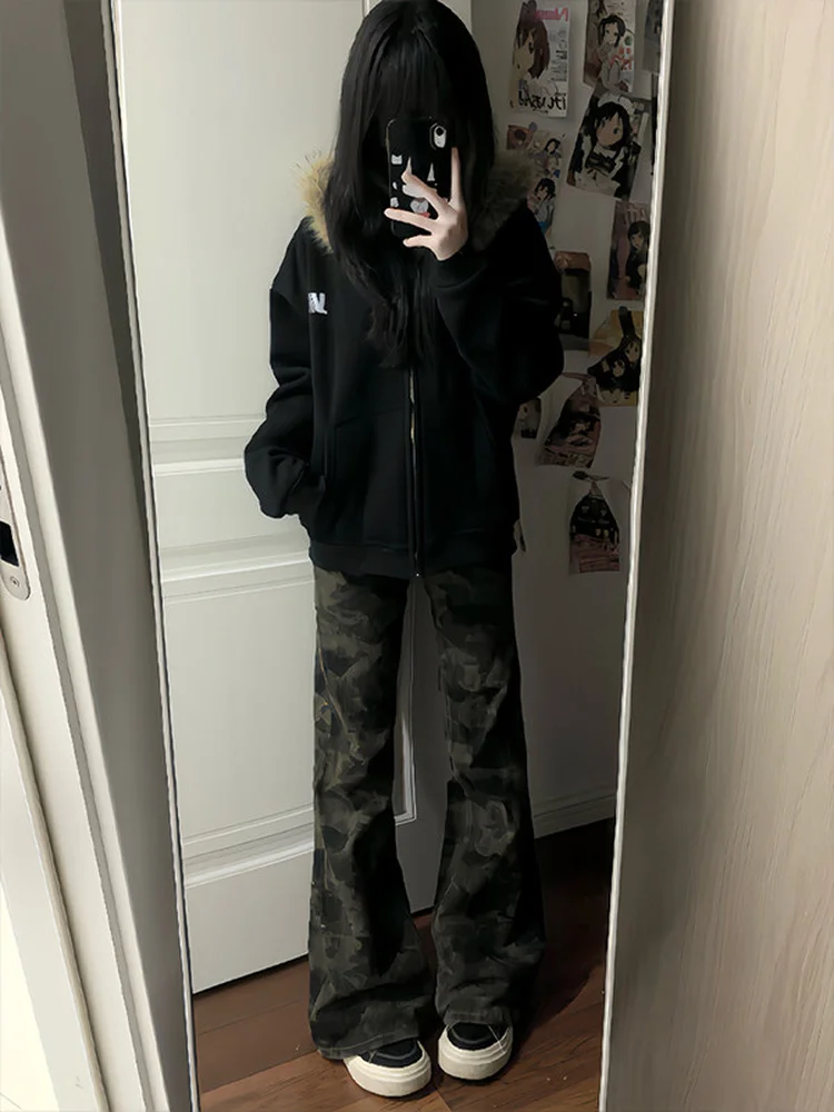

American High Street Camouflage Jeans Men's Women's Spring Slimming Pants Retro Vibe Narrow Version Enhanced Waist Micro Flar...