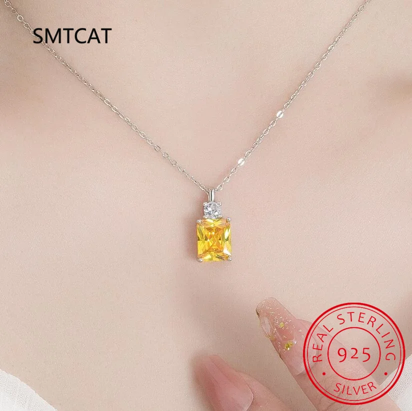 Emerald Cut Yellow Genuine Natural Citrine 925 Sterling Silver Square Pendant Necklace Gemstone Jewelry for Women Gift