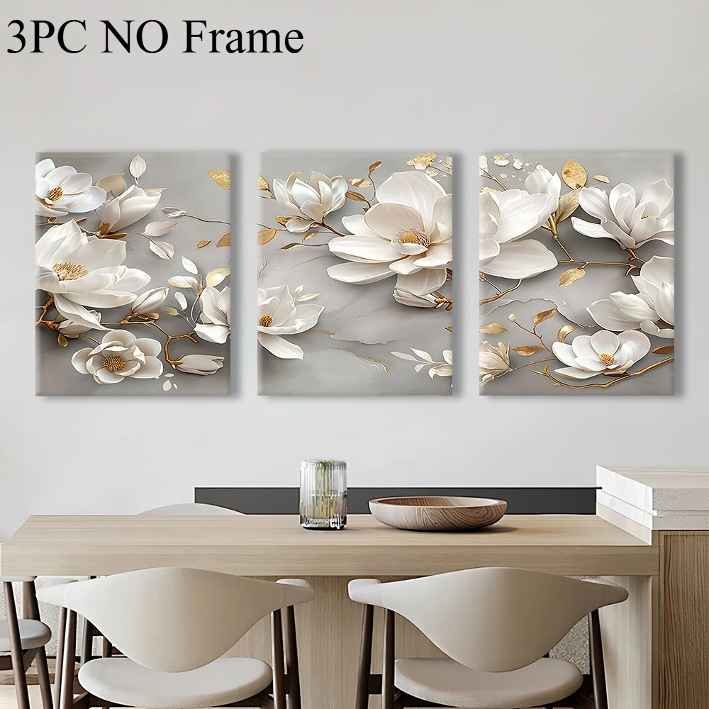 Modern Print Abstract Floral Canvas 3PC Paintings White Flowers With Gold Leaf Paint Grey Background Poster,Home Decor,Wall Art