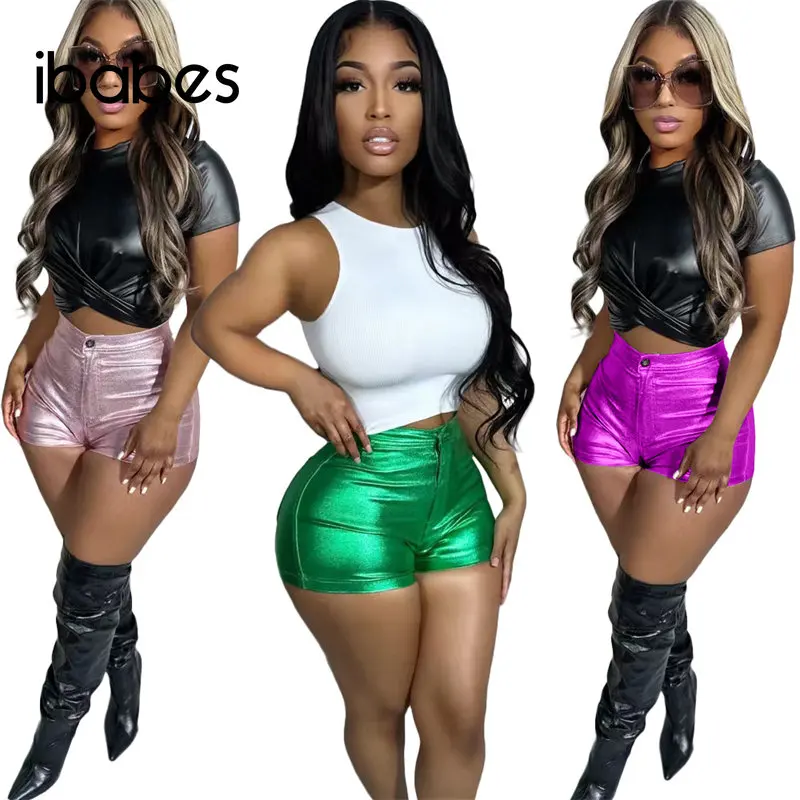 

Sparkling PU Leather Summer Shorts Women New Popular Biker Shorts Sexy Zipper Fly Slim Casual Pants Y2K Night Club Hot Trousers