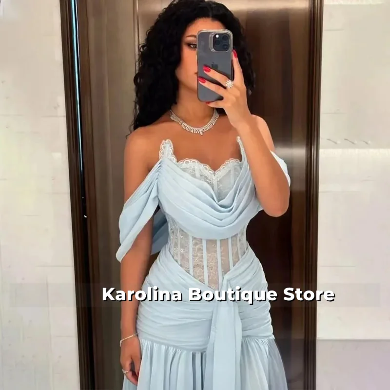 

Customized Light Blue Chiffon Off Shoulder For Wedding Party Sweetheart A Line Formal Prom Dress Dubai Party