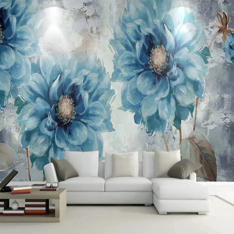 European Retro Oil Painting Blue Flowers Murals Wallpaper Living Room Bedroom Pastoral Background Wall Papel De Parede Tapety