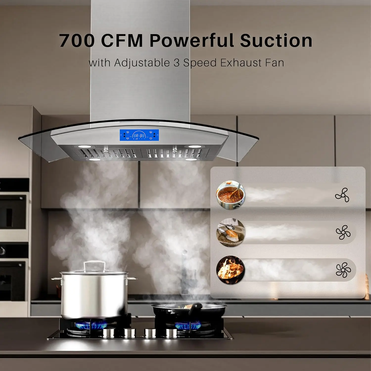 Island Range Hood 30 inch 700 CFM with Chimney, Ceiling Mount Kitchen Vent Hood with Tempered Glass, 4 LED Lights, Perma