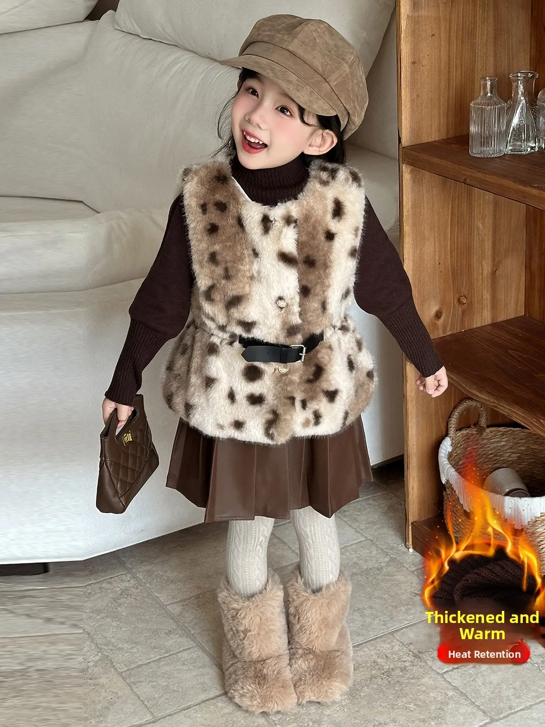 

Модный комплект из жилета и юбки с леопардовым принтом на подкладке для девочек, теплая хлопковая одежда Thiened Long Sve, футболка...