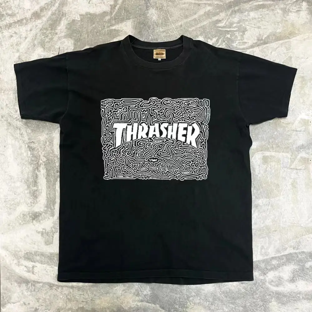 

T-shirt D'été Américain Rétro Col Rond À Manches Courtes En Coton Imprimé Skateboard Labyrinthe Pour Hommes Et Femmes