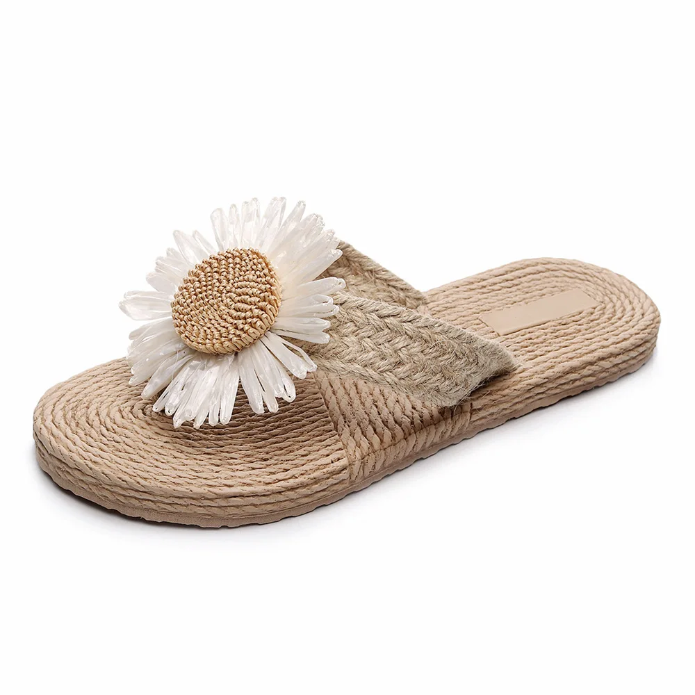 Women Flip Flops Outdoor Sunflower Straw Woven Flat Slippers For Ladies Bohemian Style Beach Slides Sandals Chaussure Femme