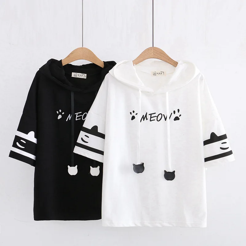 Summer Women Cartoon Animal Paw Embroidery Tee Shirt Cat Ears Hooded Kawaii Tshirt School Young Girls Cute Daily Clothes Tops