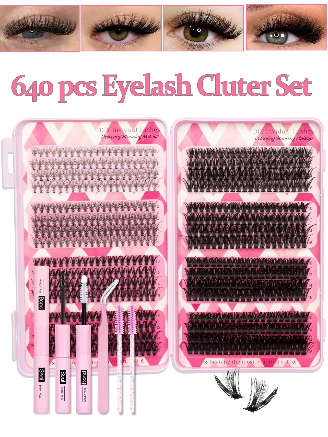 

DIY Lash Extension Kit 640Pcs Individual Eyelash Extension Kit 10-100D Curl Lash Clusters Kit with Lash Glue, Tweezers, Brush