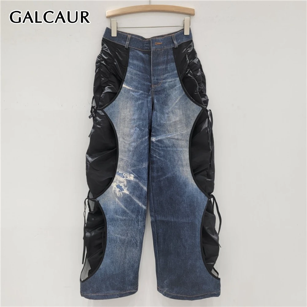 

GALCAUR Blue Spliced Lace Up Wasteland Style Jeans Female High Waist Loose Fake Two Pieces Women's Trousers Fashion Summer Style