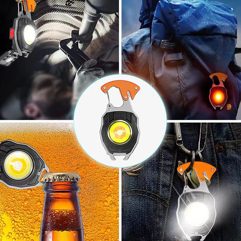 COB Work Light Keychain Flashlights 7 Light Modes,Portable Rechargeable Emergency With Folding Bracket Bottle Opener