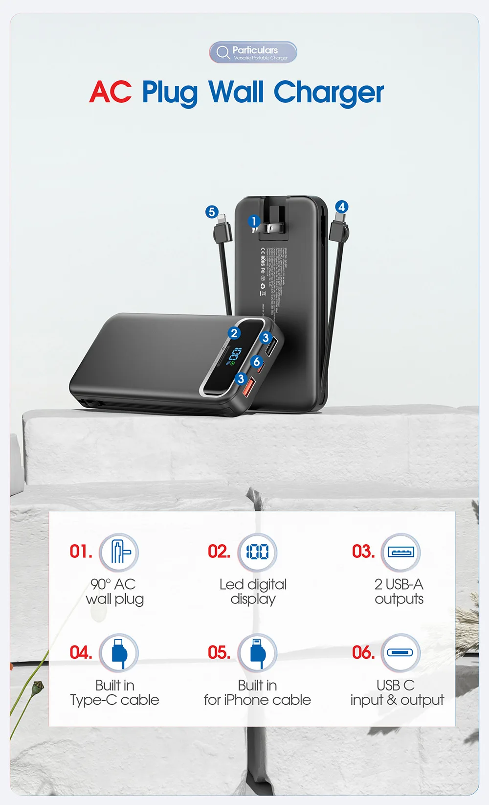 12000mAh Power Banks Charger with AC Plug Fast Charging PowerBank USB Type C Mobile Phone Spare battery Charger for IPhone 16 15