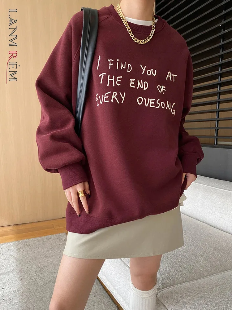 

[LANMREM] Print Design Pullovers Sweatshirt For Women Round Neck Long Sleeve Office Lady Thick Warm Tops 2024 Winter New 26C1435