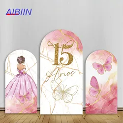 Quinceanera 15 Year Birthday Arch Backdrop Cover Pink Butterfly Marble Girl Princess Party Decor Cake Portrait Wall Background